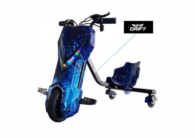 Drift electric tricycle — Blue Sky galaxy finish, product photography and branding