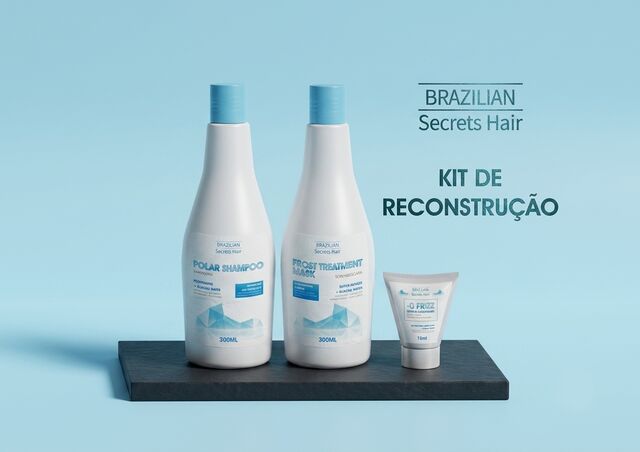 3D mockup of a hair reconstruction kit — shampoo, mask and leave-in
